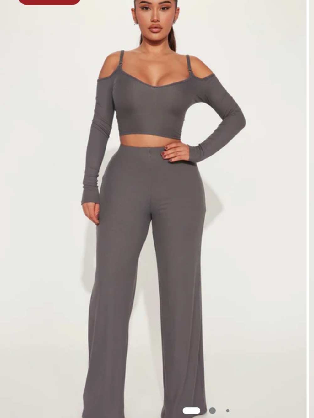 Fashion Nova Gray Cold-Shoulder Crop Top & Wide-Leg Pants Set